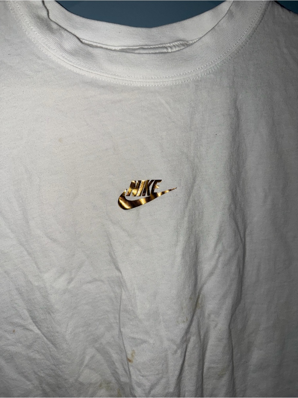 Nike White Tee with Metallic Gold Swoosh Logo